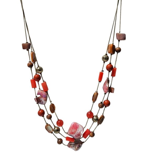 Boho Beaded Chunky Multi Strand Necklace Natural Stone Wood Accents Jewelry - Picture 1 of 8